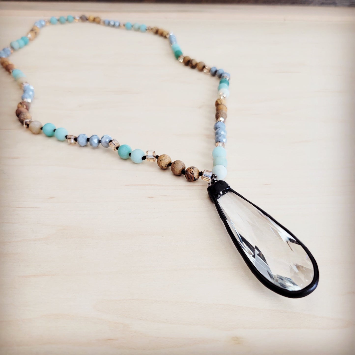 **Picture Jasper & Amazonite Long Beaded Necklace w/ Crystal Pendant 262r