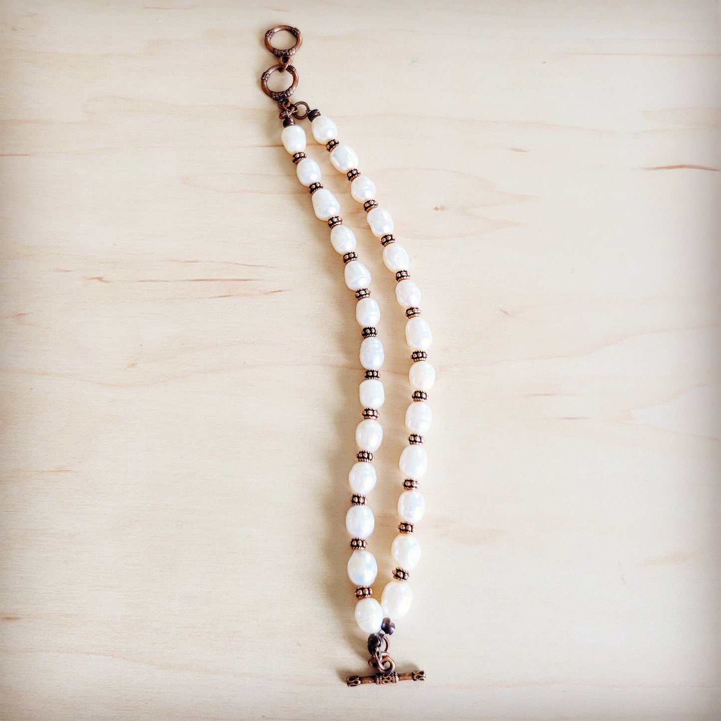 Freshwater Pearl & Copper Boho Beaded Double Strand Bracelet 811y