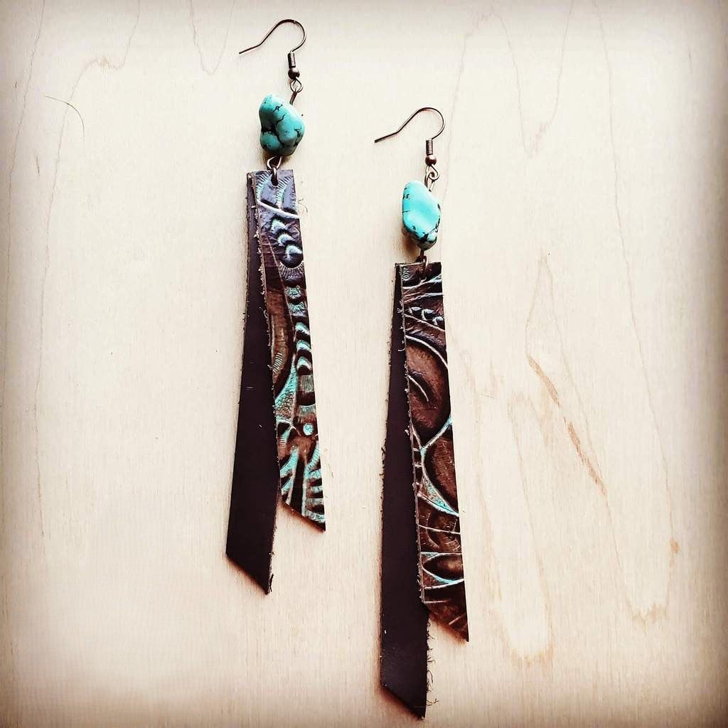 *Leather Rectangle Earrings in Turquoise Brown Floral 203e