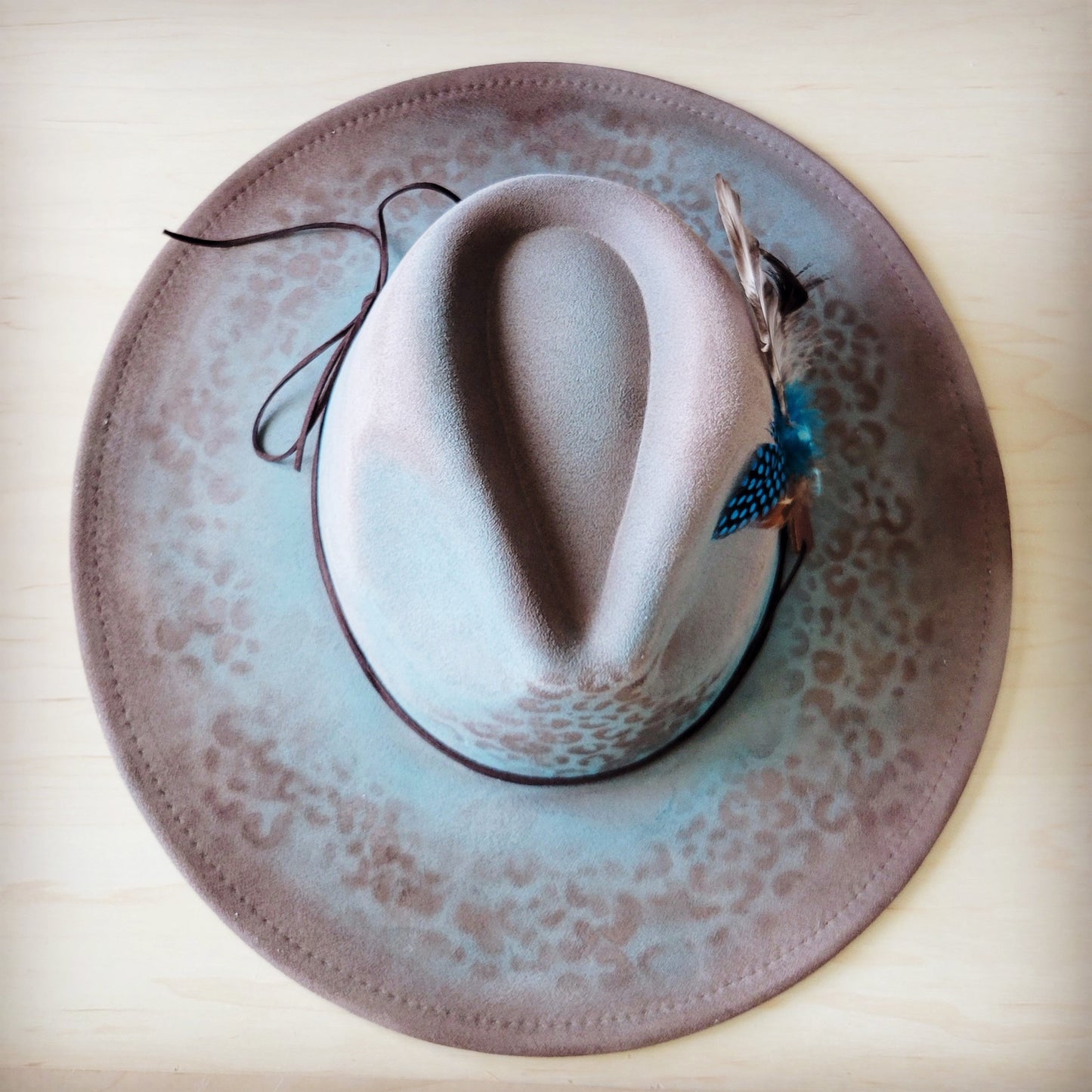 Hand-Painted Leopard Boho Western Cowgirl Hat & Band Turq Brown 987c