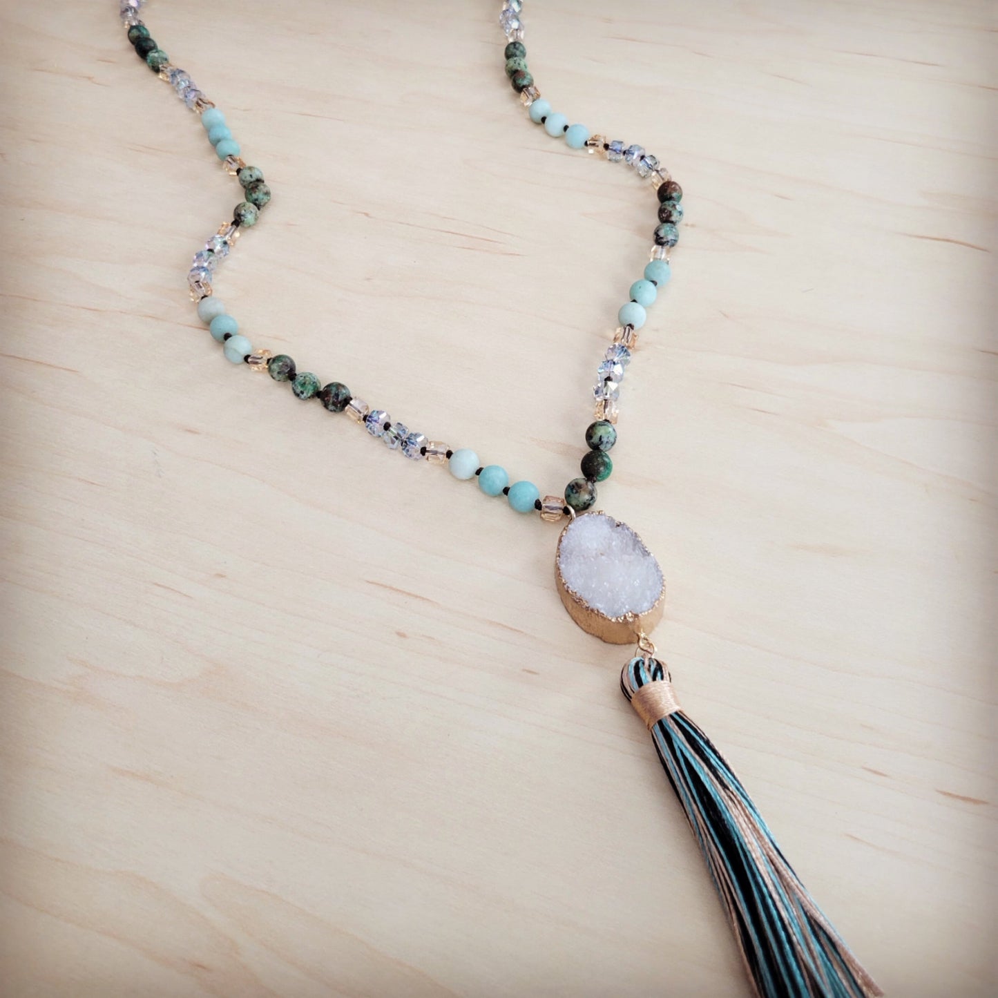 **Long Amazonite Necklace with Genuine White Druzy Pendant  262j
