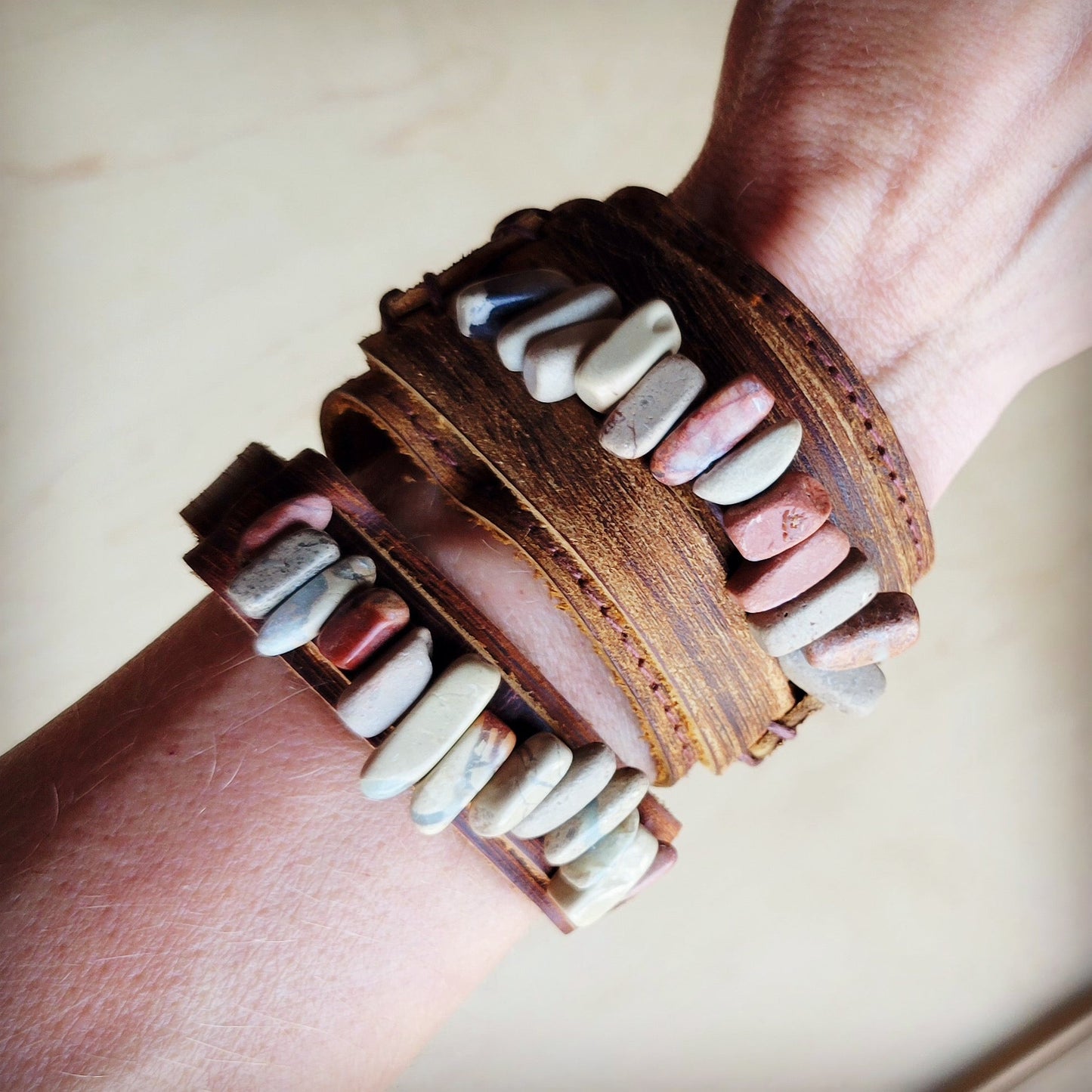 **Genuine Leather Cuff with Aqua Terra Gemstone Chunks 005e