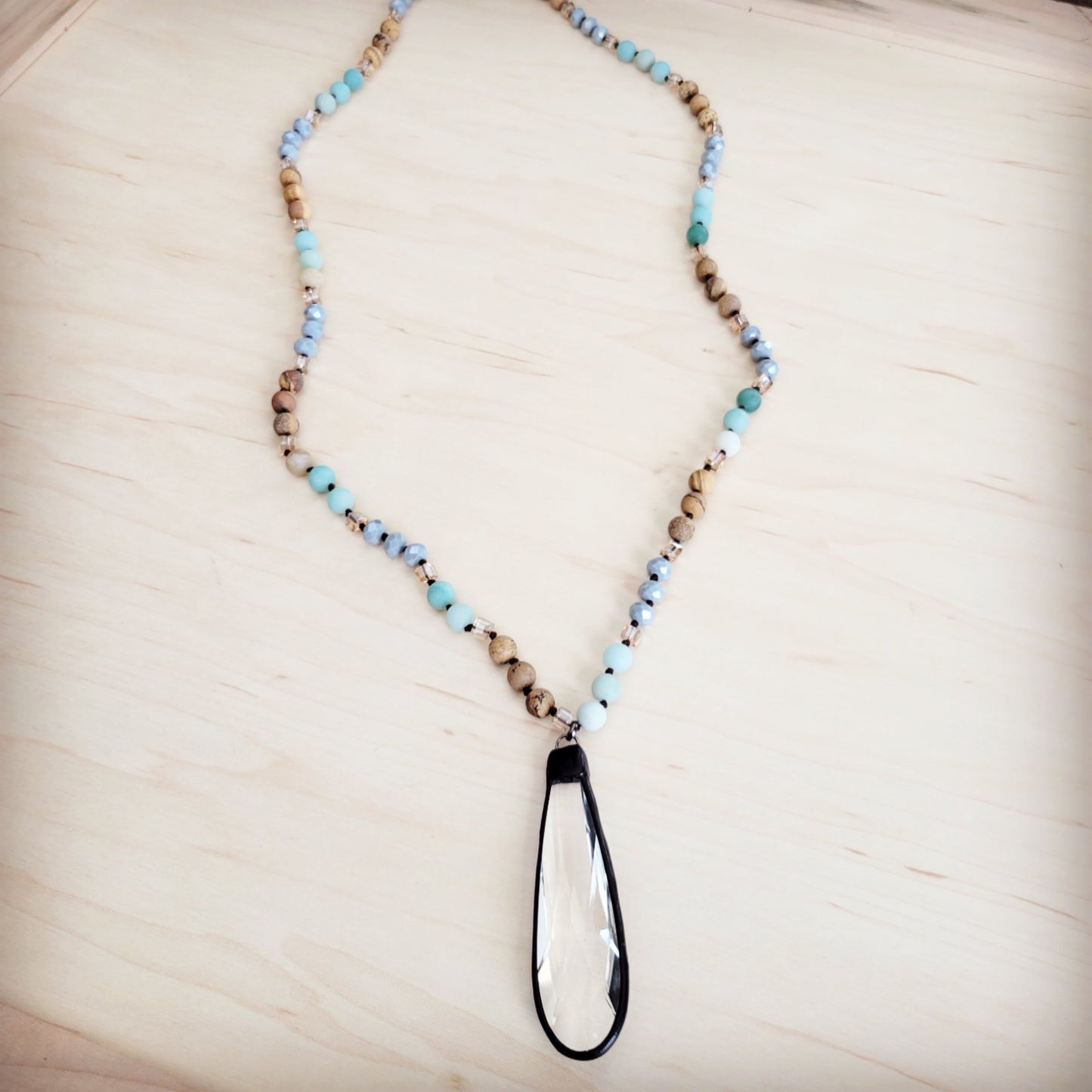**Picture Jasper & Amazonite Long Beaded Necklace w/ Crystal Pendant 262r