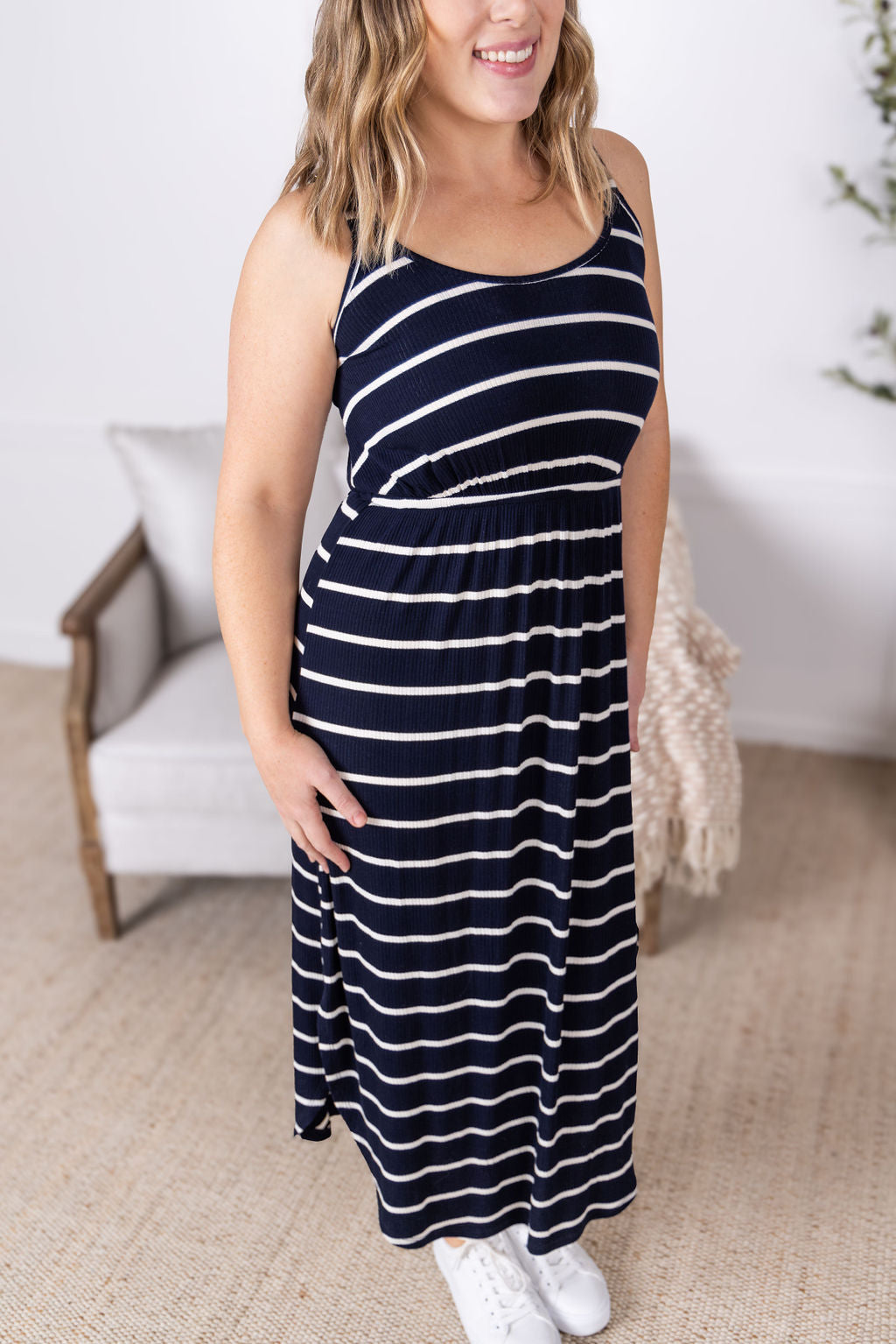 IN STOCK Reagan Ribbed Midi Dress - Midnight Navy Stripes FINAL SALE