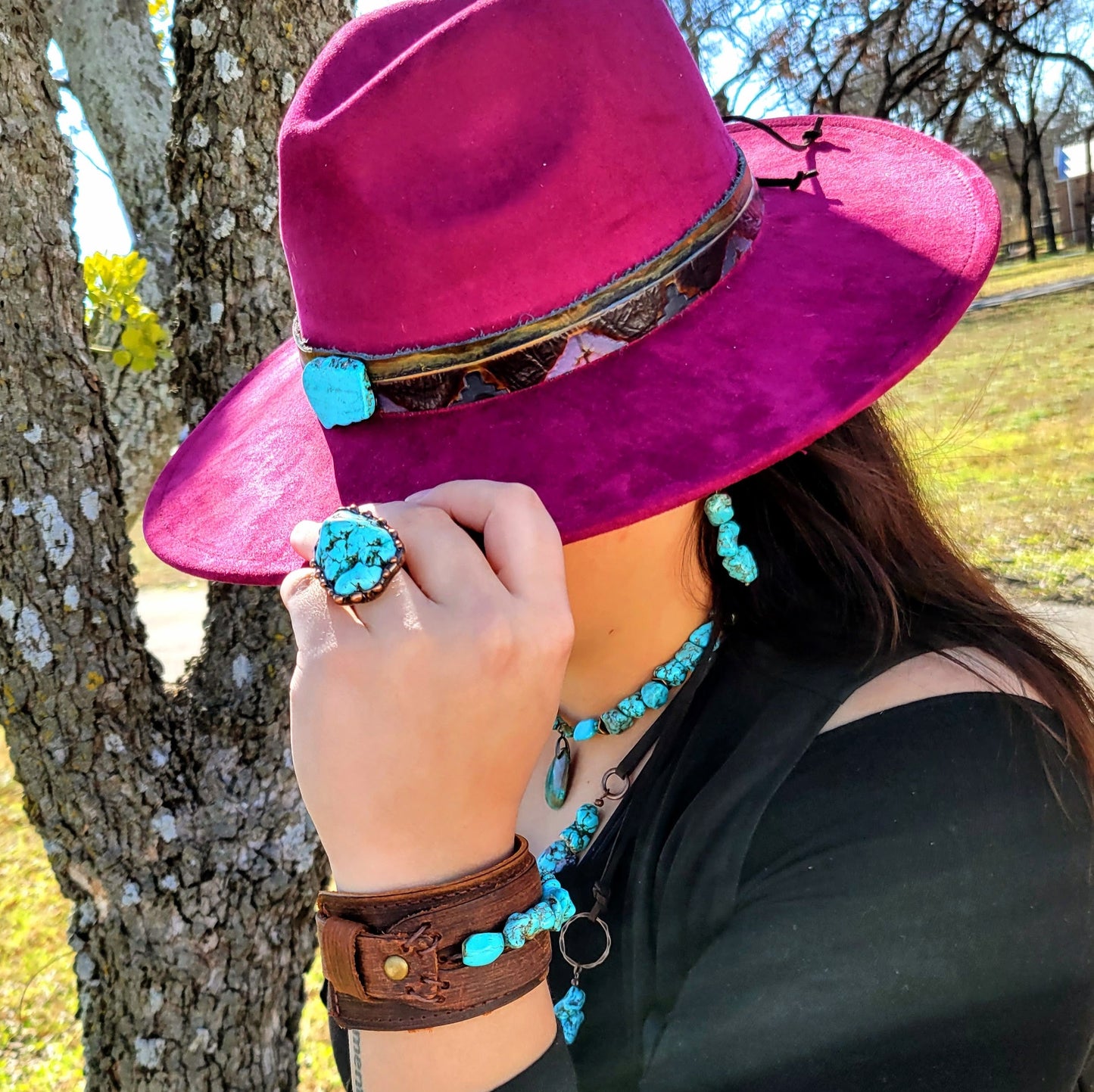 Genuine Leather Wide Cuff Bracelet w/ Natural Turquoise Chunks 006p