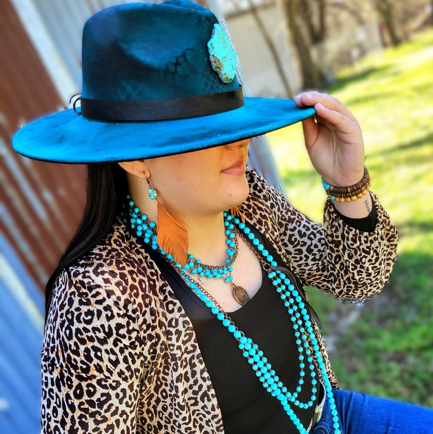 Tan Suede Feather Earrings with Turquoise Chunks (201h)