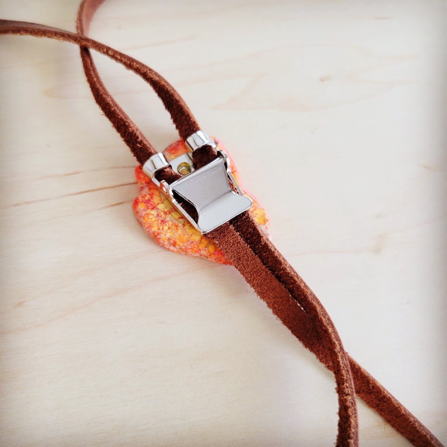 Leather Lariat Boho Necklace w/ Orange Regalite Slab Accent 264g
