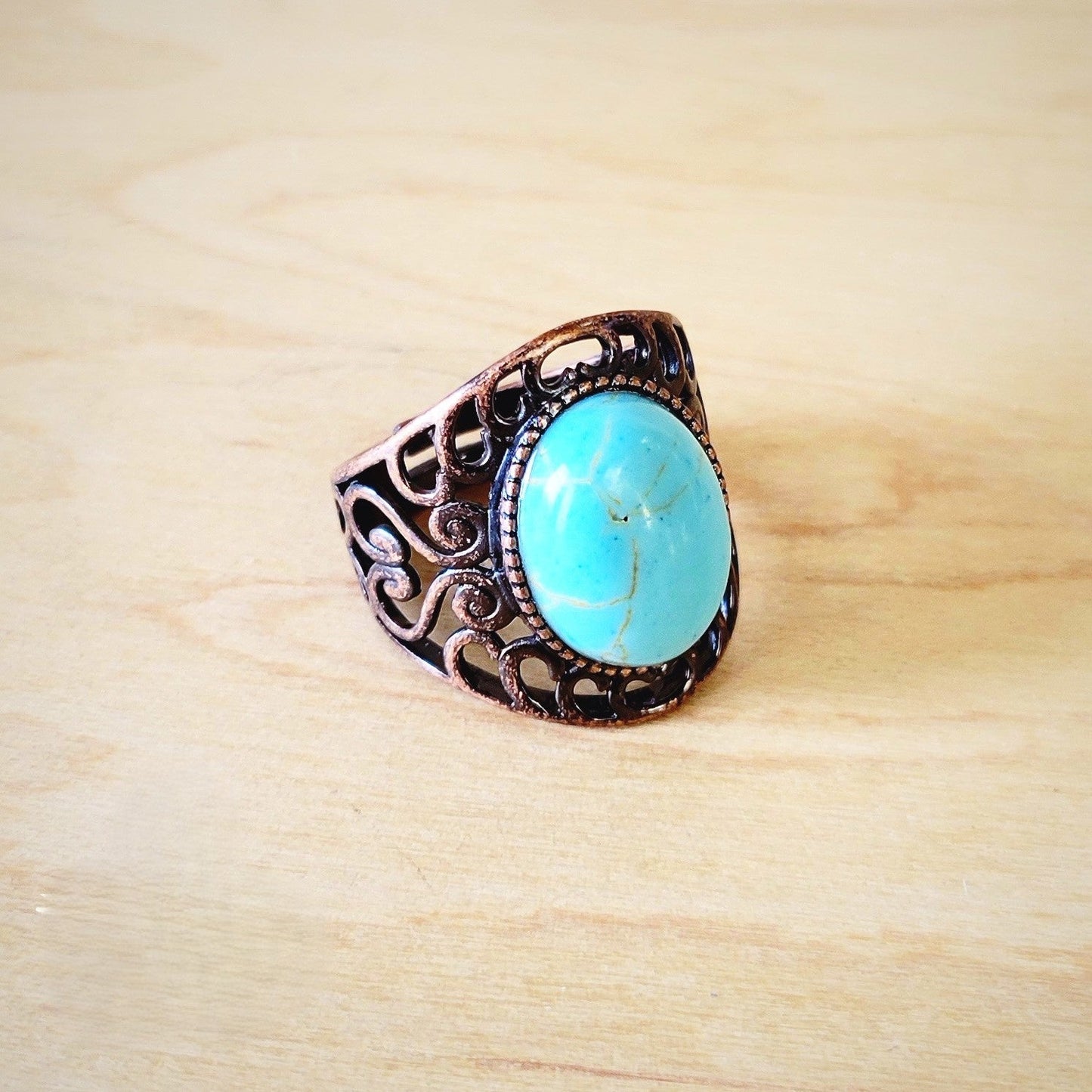 **Blue Turquoise Ring in Antique Copper Filigree Setting 012d