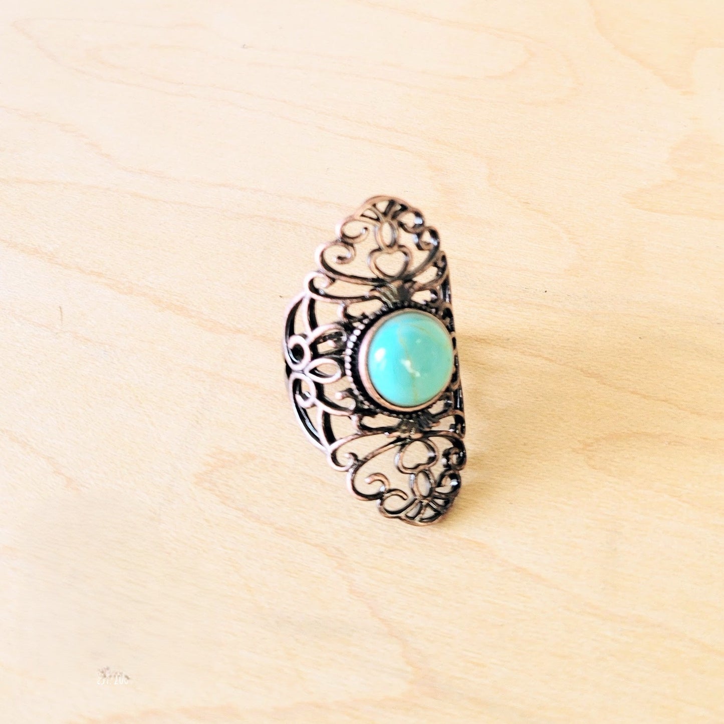 **Blue Turquoise Ring in Antique Copper Filigree Setting 012d
