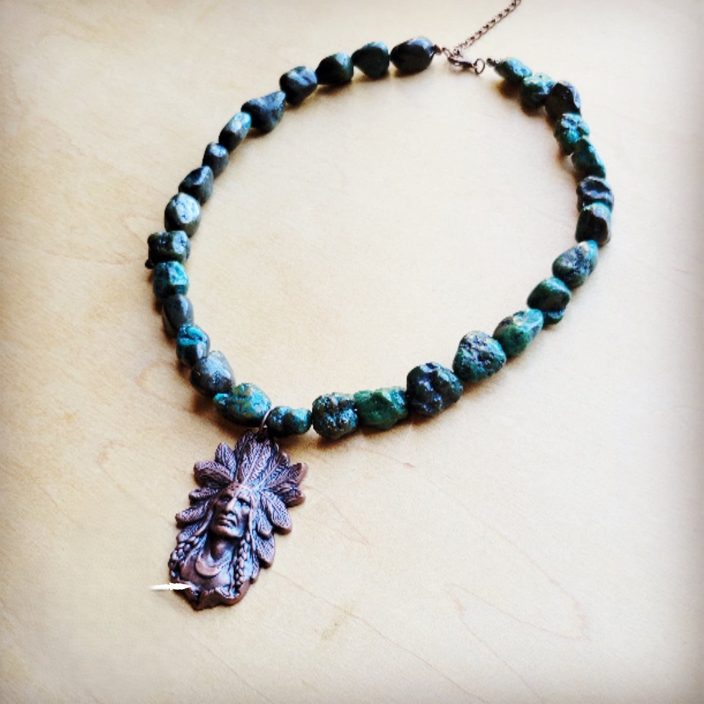 **Natural Turquoise Collar Necklace w/ Indian Head Pendant 259n