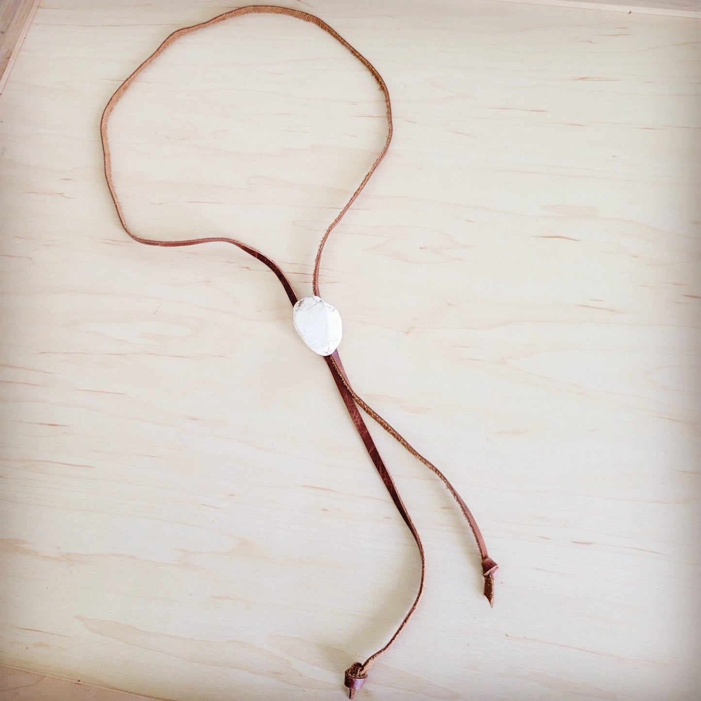 Leather Lariat Boho Necklace w/ White Turquoise Slab 264h