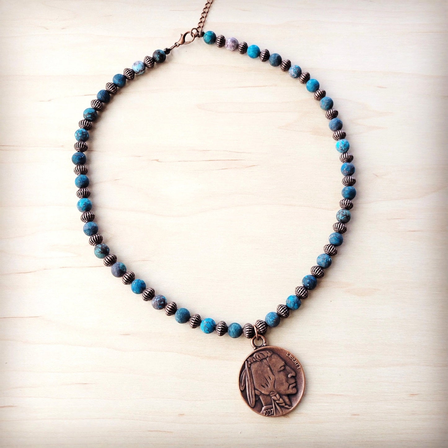 **Natural American Turquoise Beaded Collar Necklace w/ Indian Head Pendant 262h