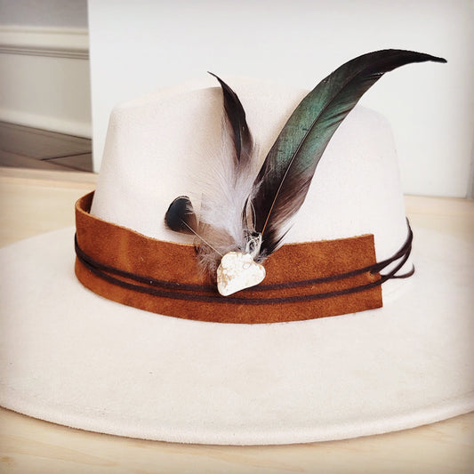 Clip-On Feather Hat Band-White Turq w/ Olive Feathers 954o