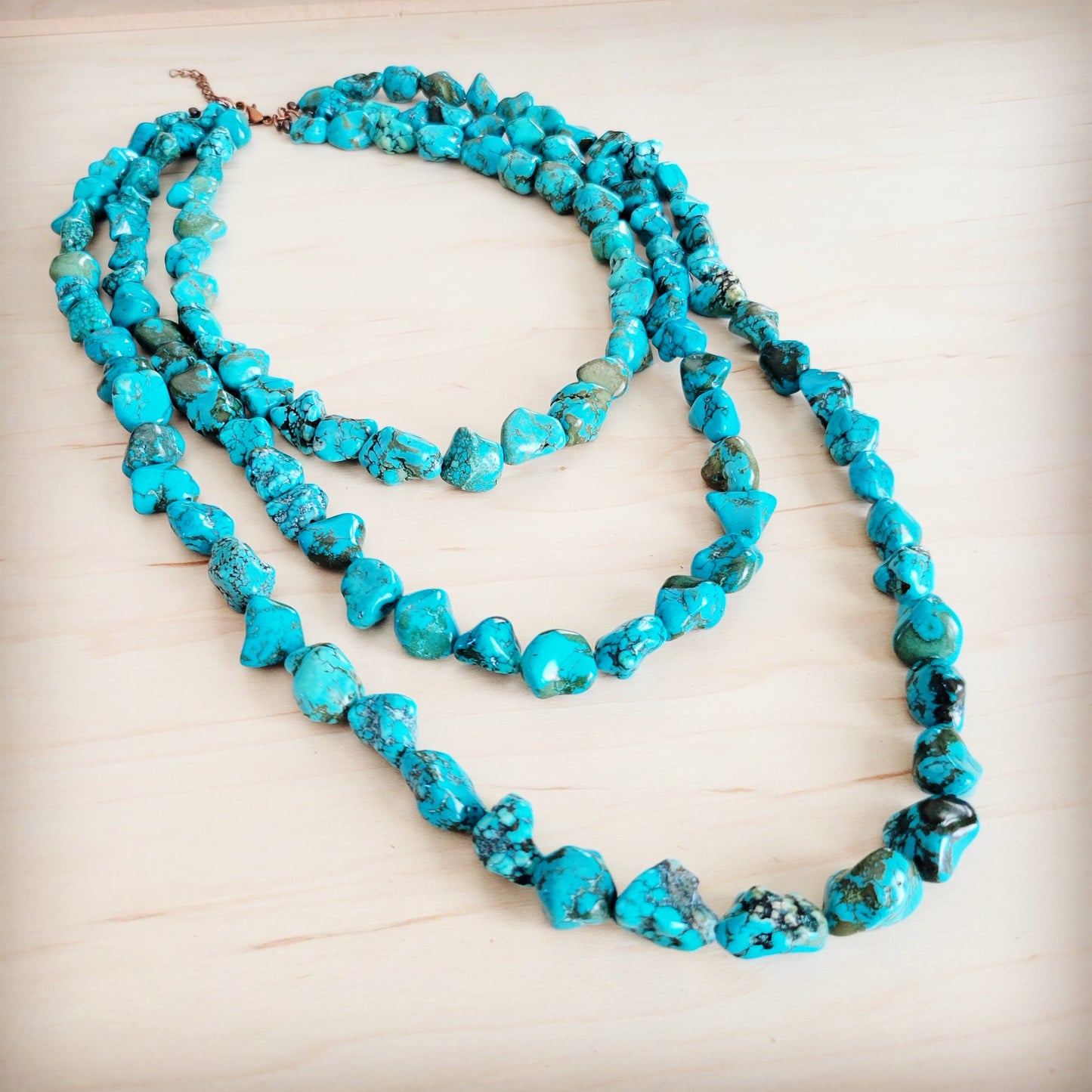 Genuine Blue Turquoise Triple Strand Necklace 259h