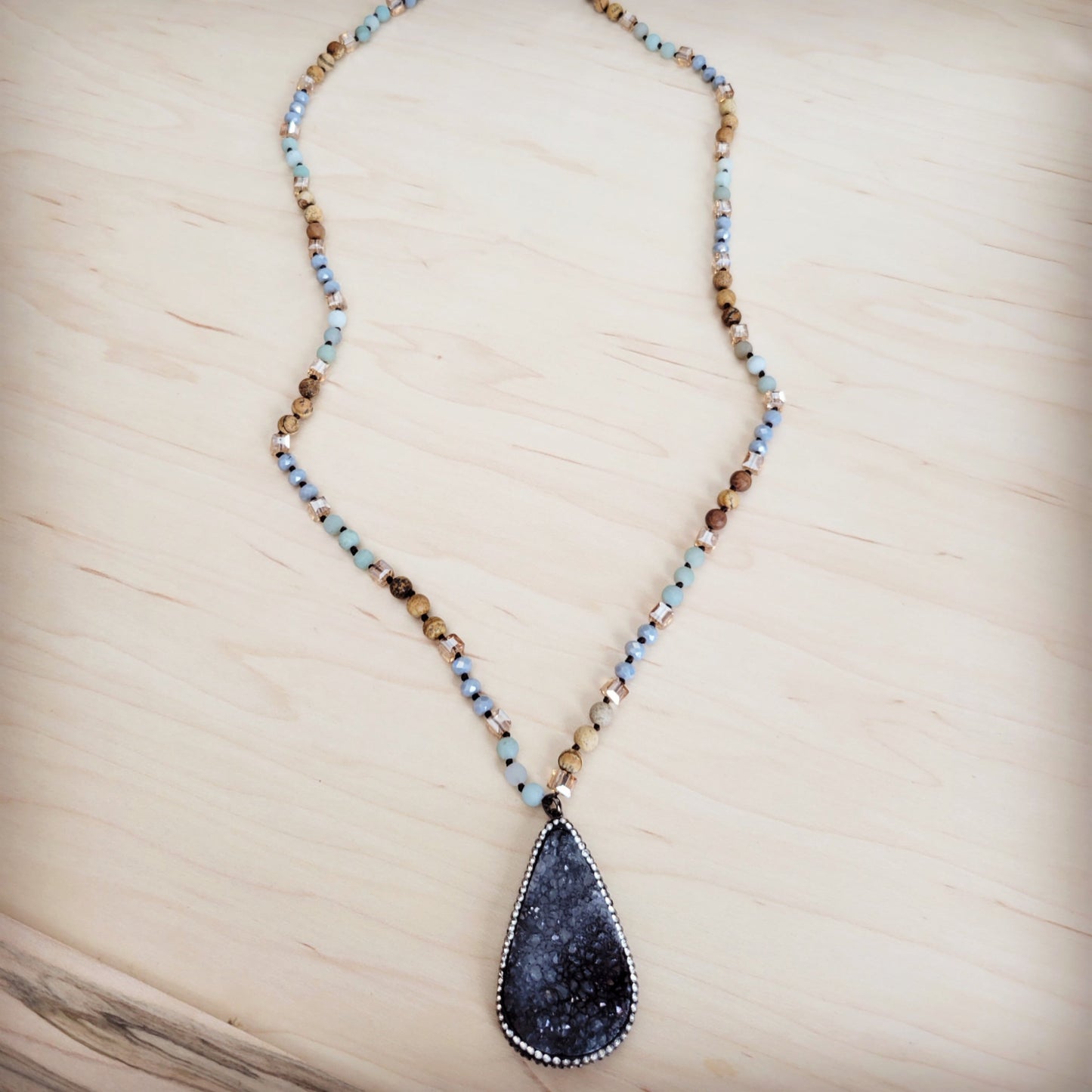 **Amazonite & Crystal Long Beaded Necklace w/ Druzy Pendant 262u