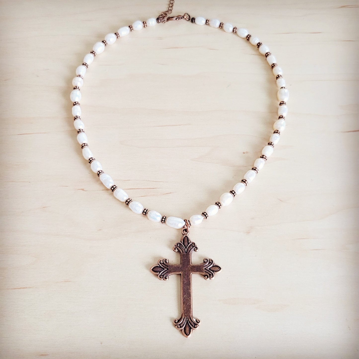 Genuine Freshwater Pearl Collar Boho Necklace w/ Cross 263s