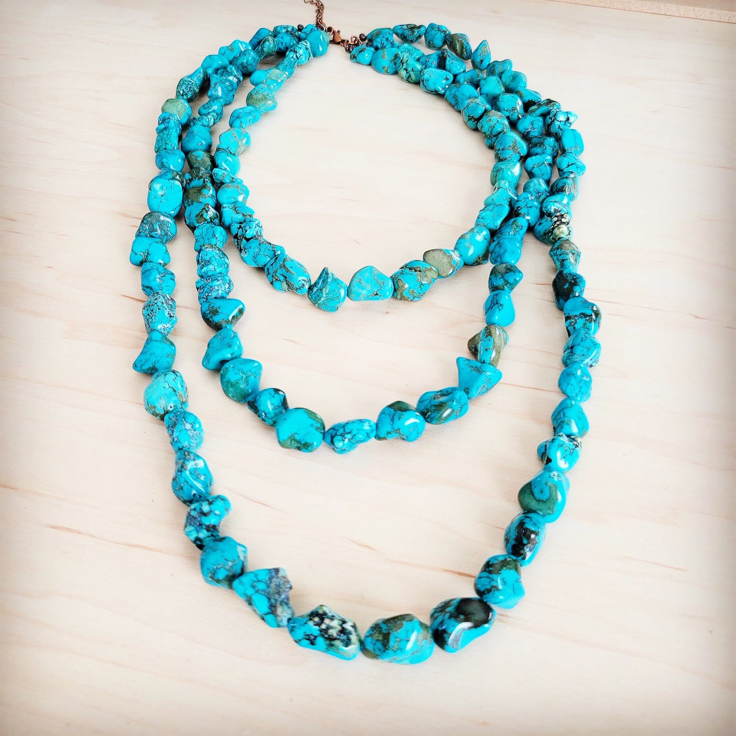 Genuine Blue Turquoise Triple Strand Necklace 259h