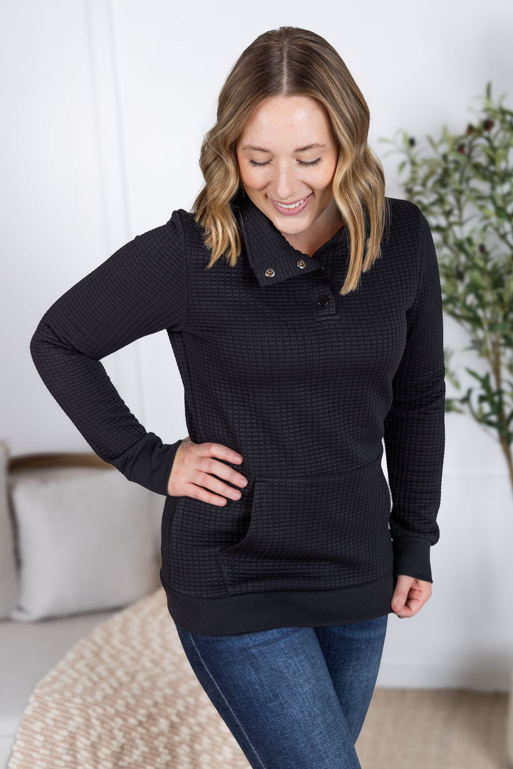 IN STOCK Whitley Waffle Snap Pullover - Black FINAL SALE