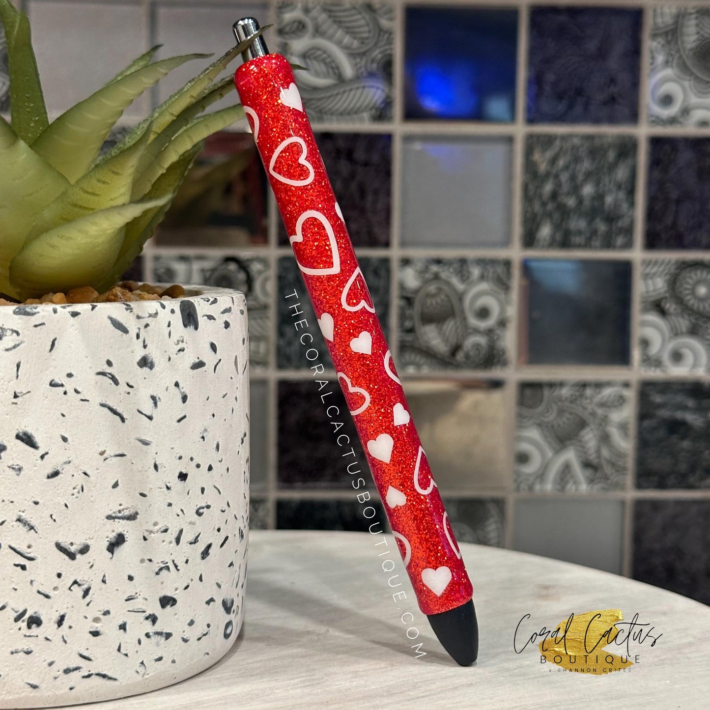 Custom Pen - Red with White Hearts