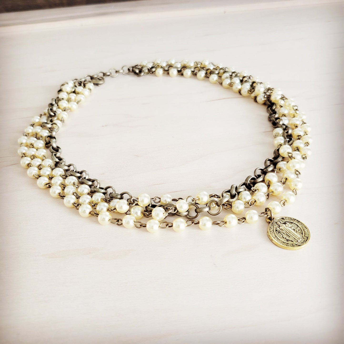 Champagne Pearl Beaded Collar Necklace w/ Pendant 263x