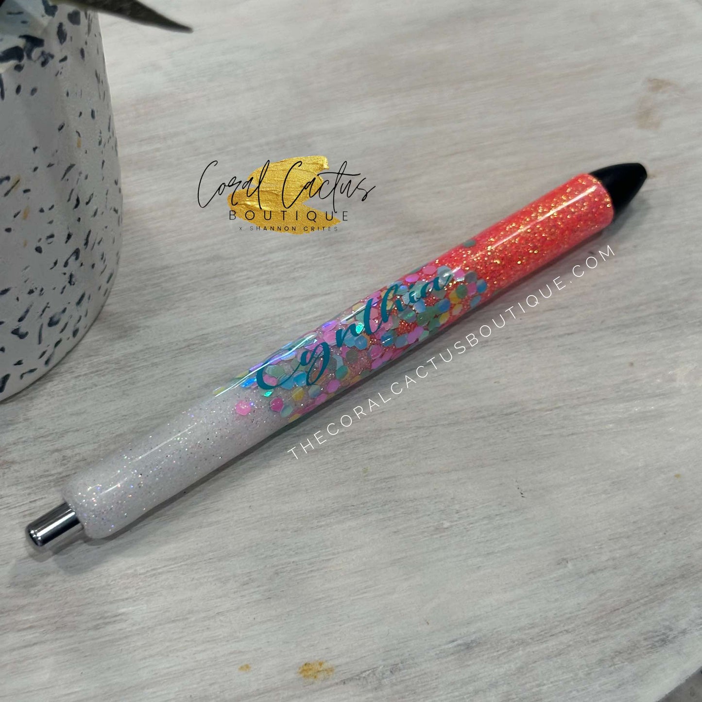 Custom Pen - Coral with Multicolor Glitter