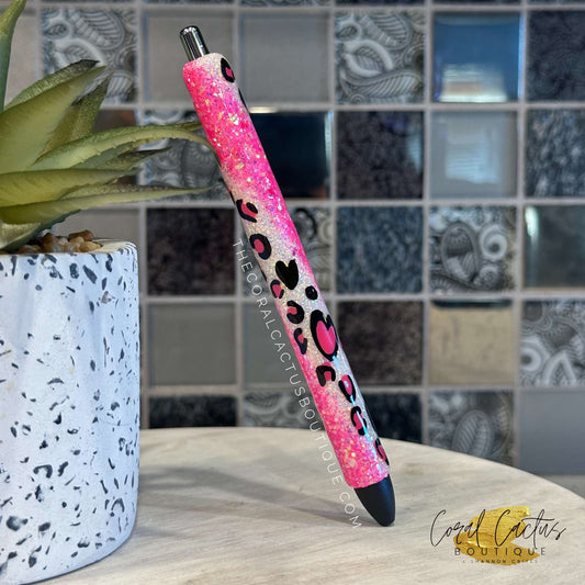 Custom Pen - Pink Heart Leopard Swirl