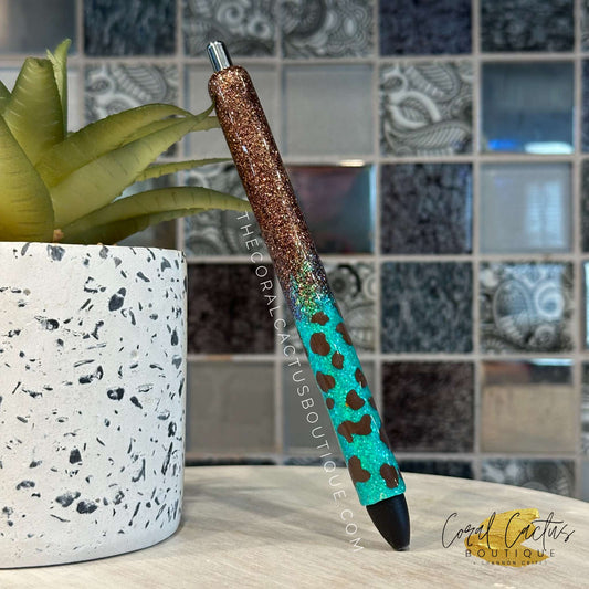 Custom Pen - Brown & Teal Cow