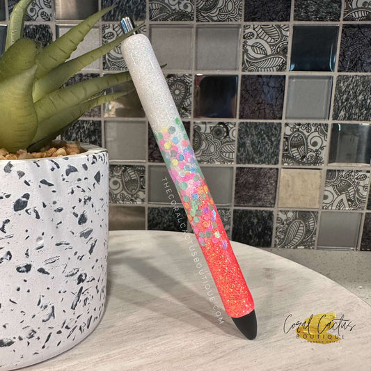 Custom Pen - Coral with Multicolor Glitter