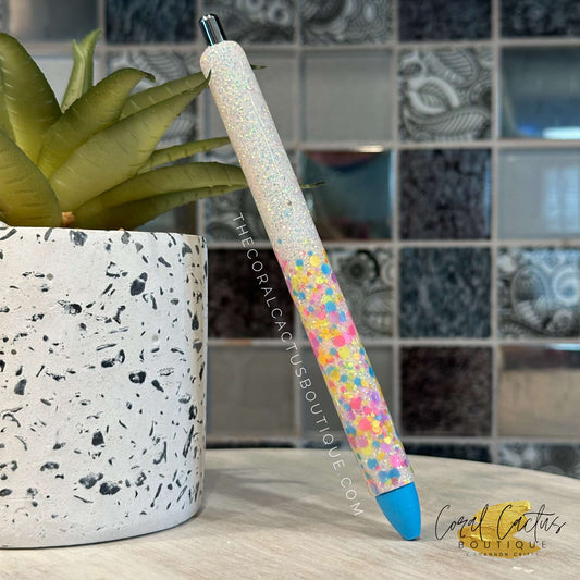 Custom Pen - Half Multicolor Chunk Glitter (Blue Ink)