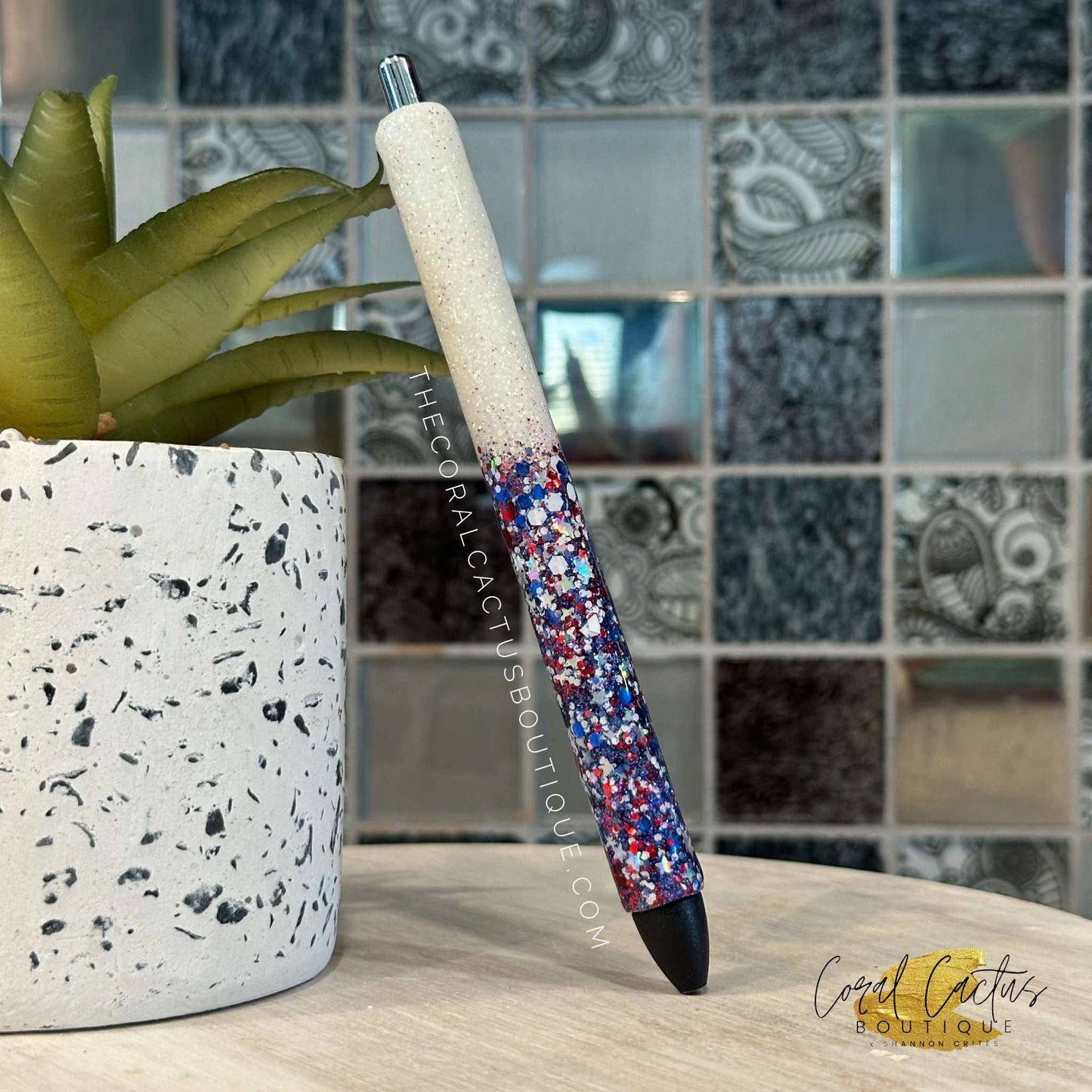 Custom Pen - White with RWB Glitter