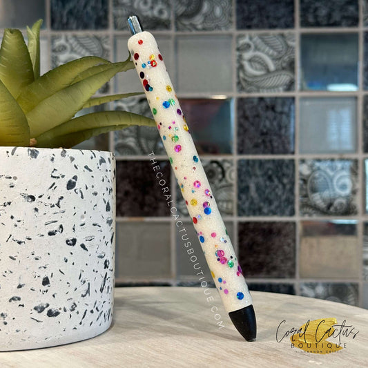 Custom Pen - White with Multicolor Chunk Glitter