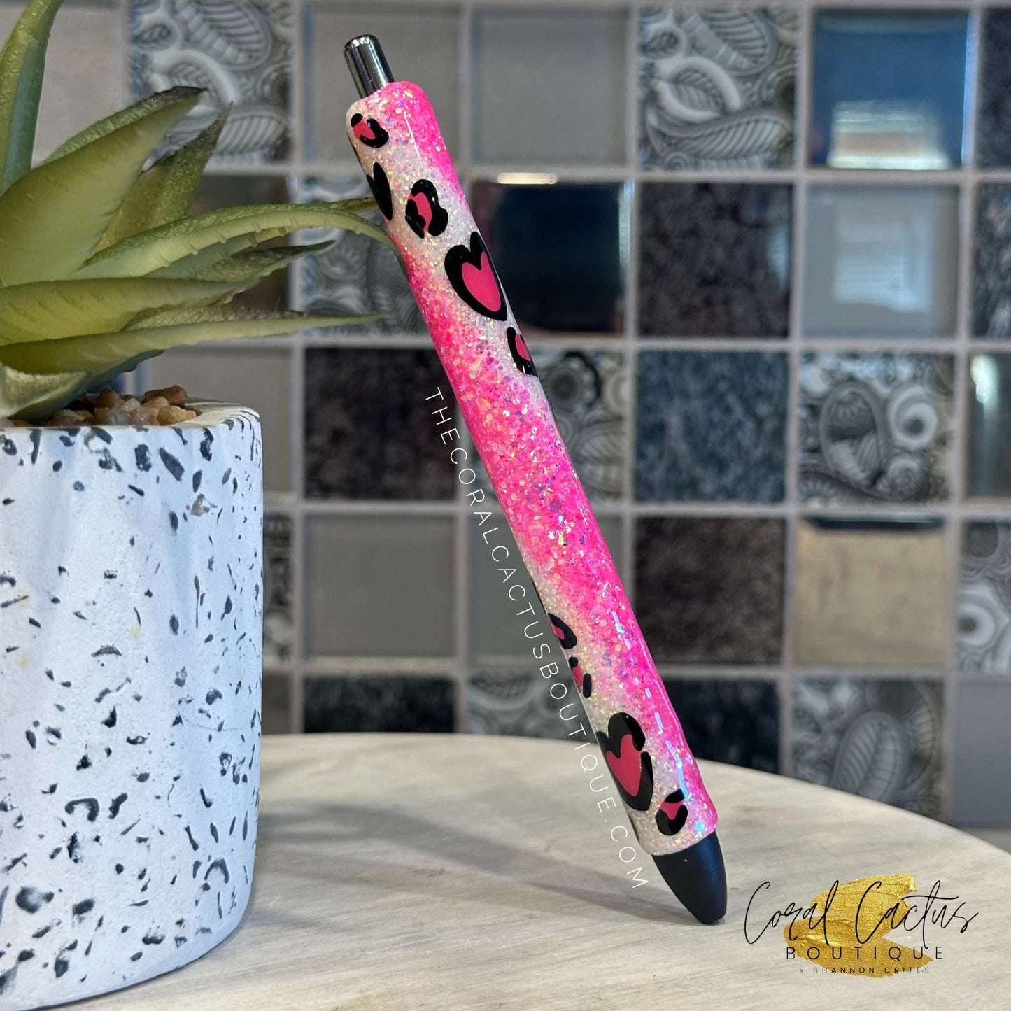 Custom Pen - Pink Heart Leopard Swirl