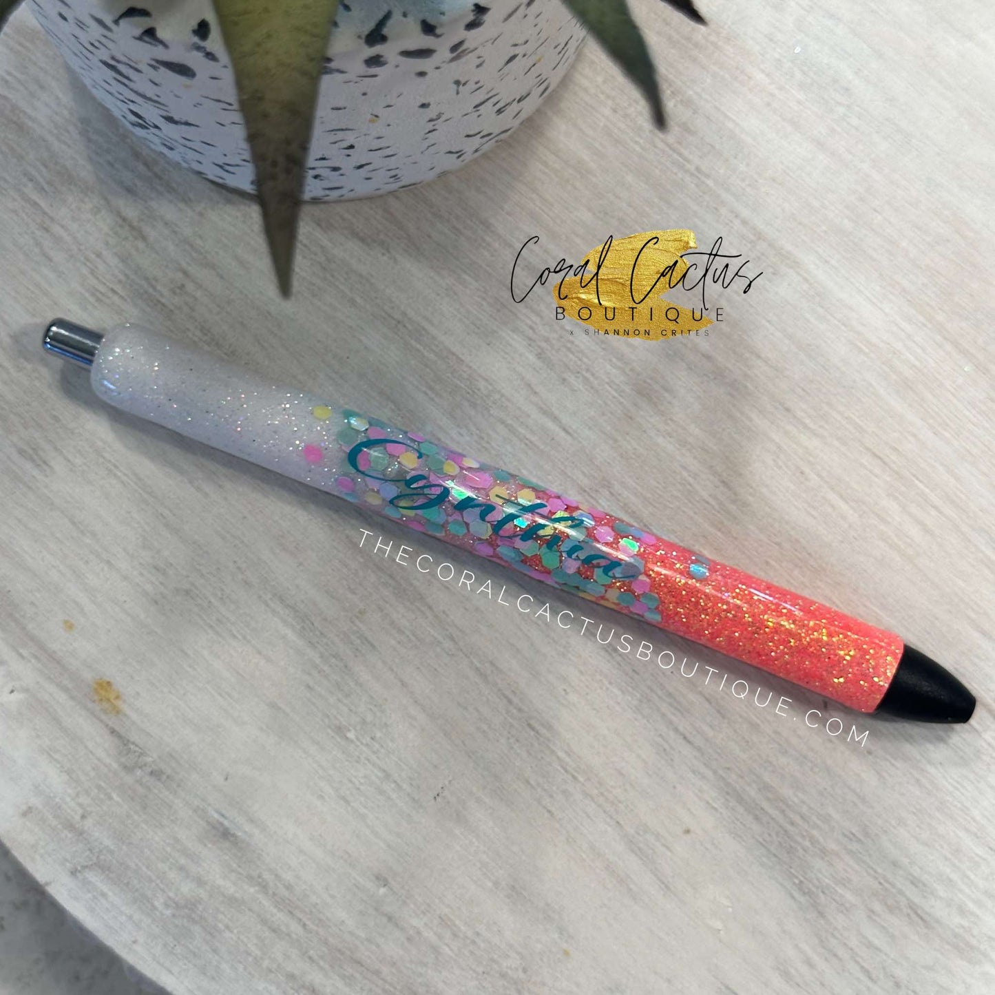 Custom Pen - Coral with Multicolor Glitter