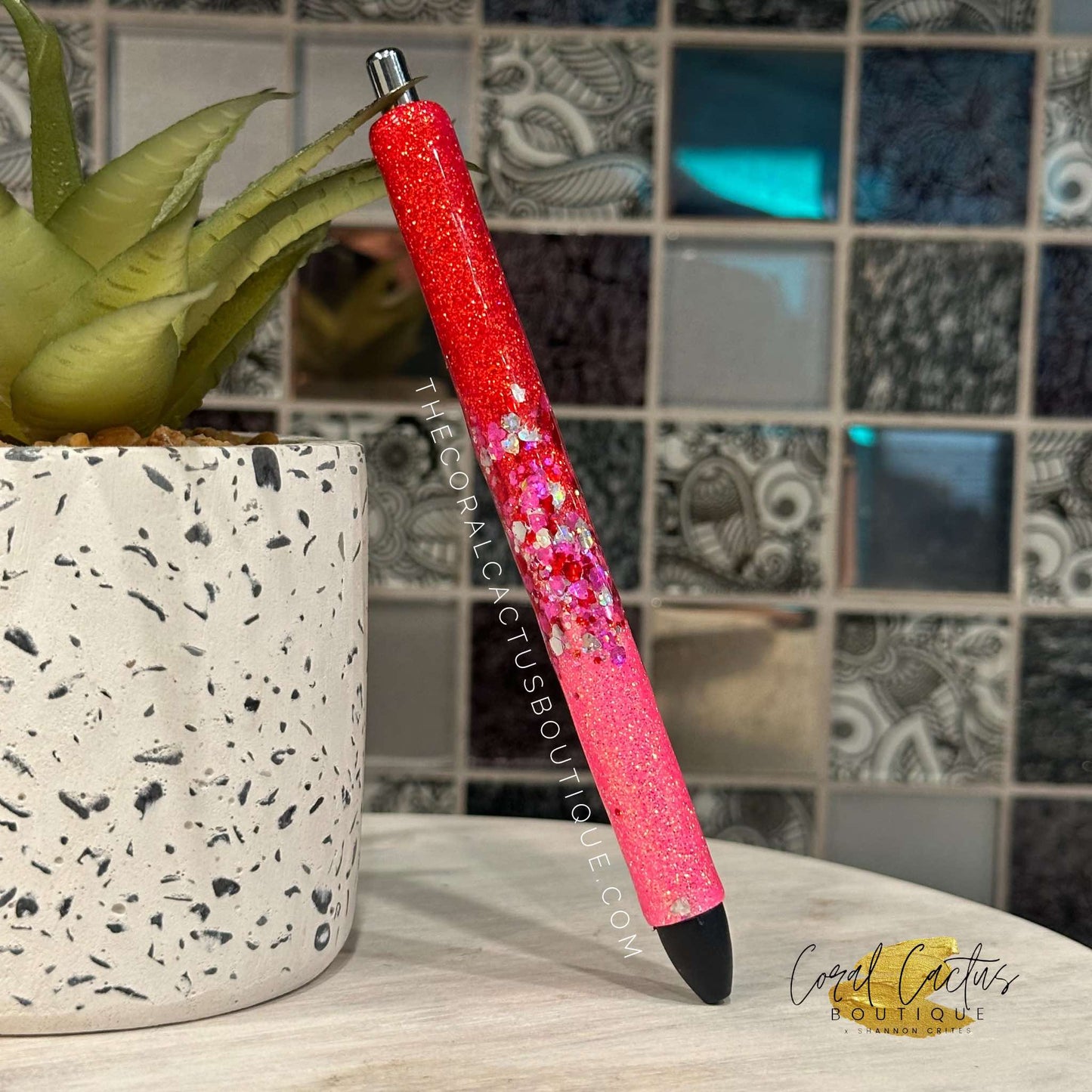 Custom Pen - Pink & Red Glitter