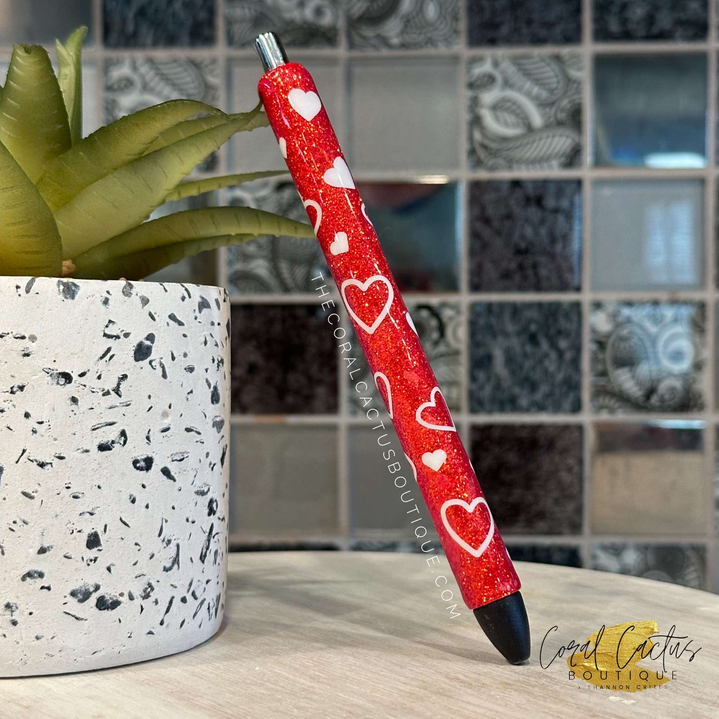 Custom Pen - Red with White Hearts