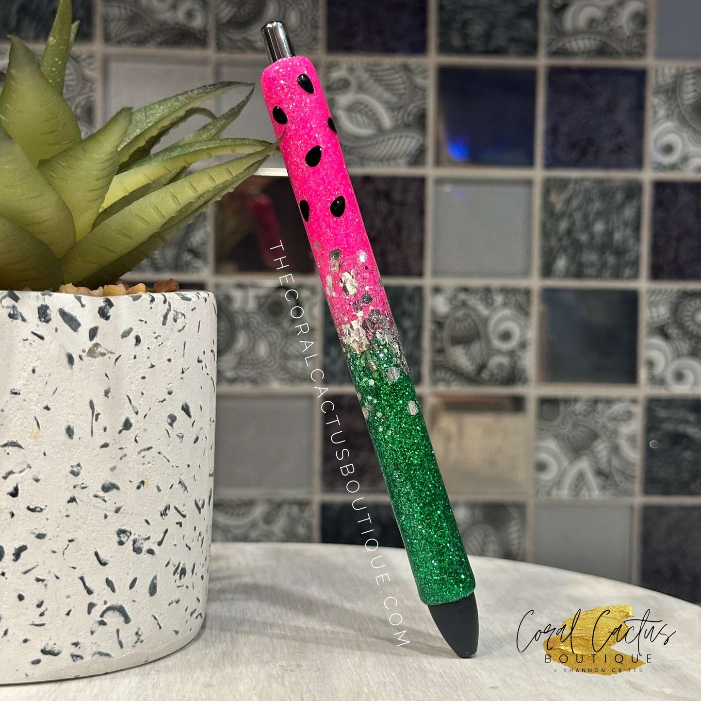 Custom Pen - Watermelon Silver Glitter