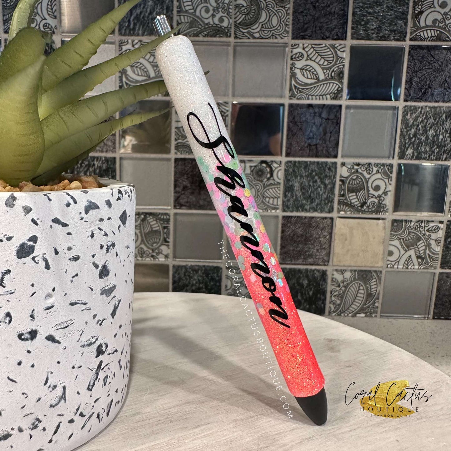 Custom Pen - Coral with Multicolor Glitter