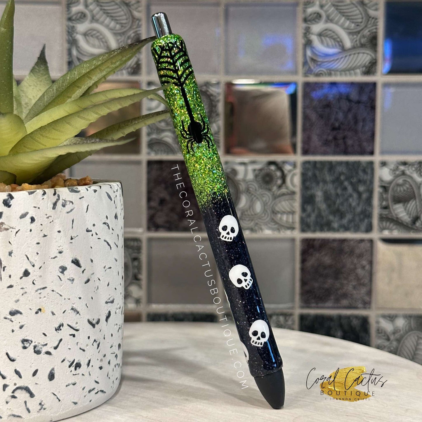 Custom Pen - Green Spider Skull