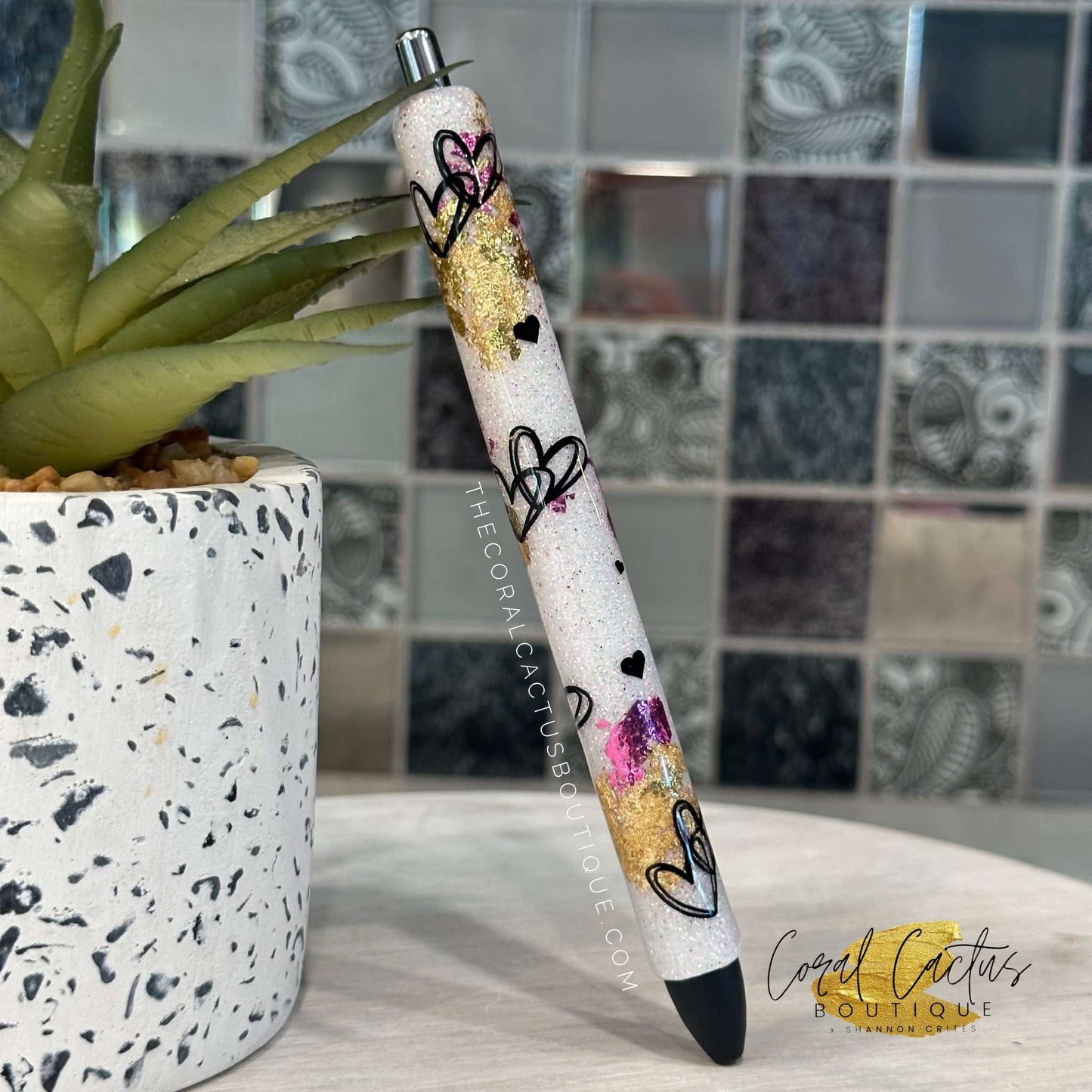 Custom Pen - Love Hearts White with Foil