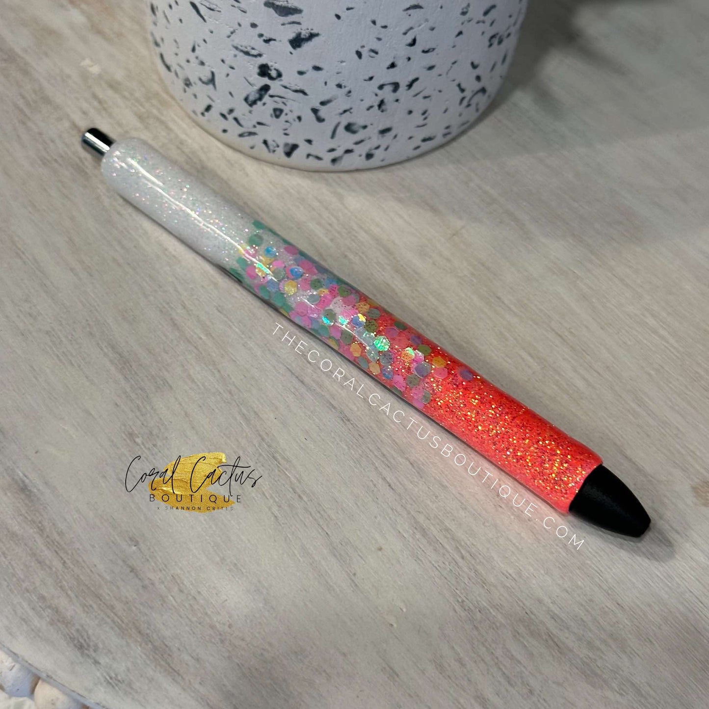 Custom Pen - Coral with Multicolor Glitter