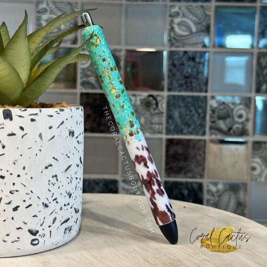 Custom Pen - Teal & Gold Cow