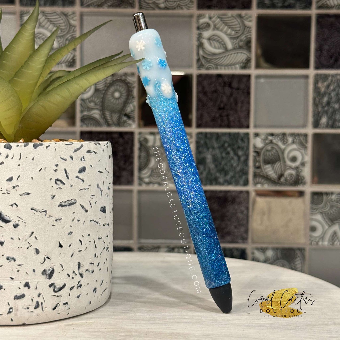 Custom Pen - Dark Blue Snowflake Drip