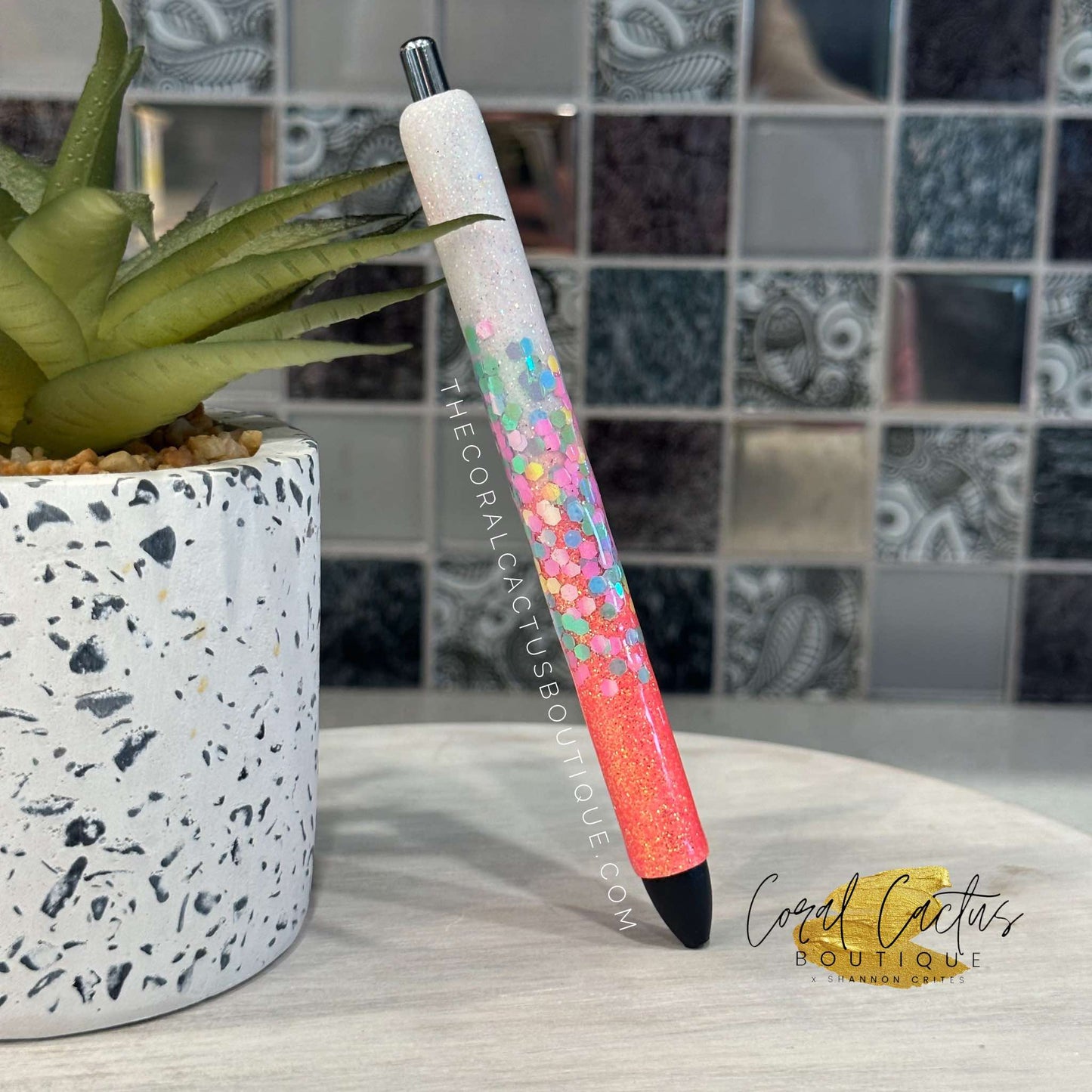 Custom Pen - Coral with Multicolor Glitter