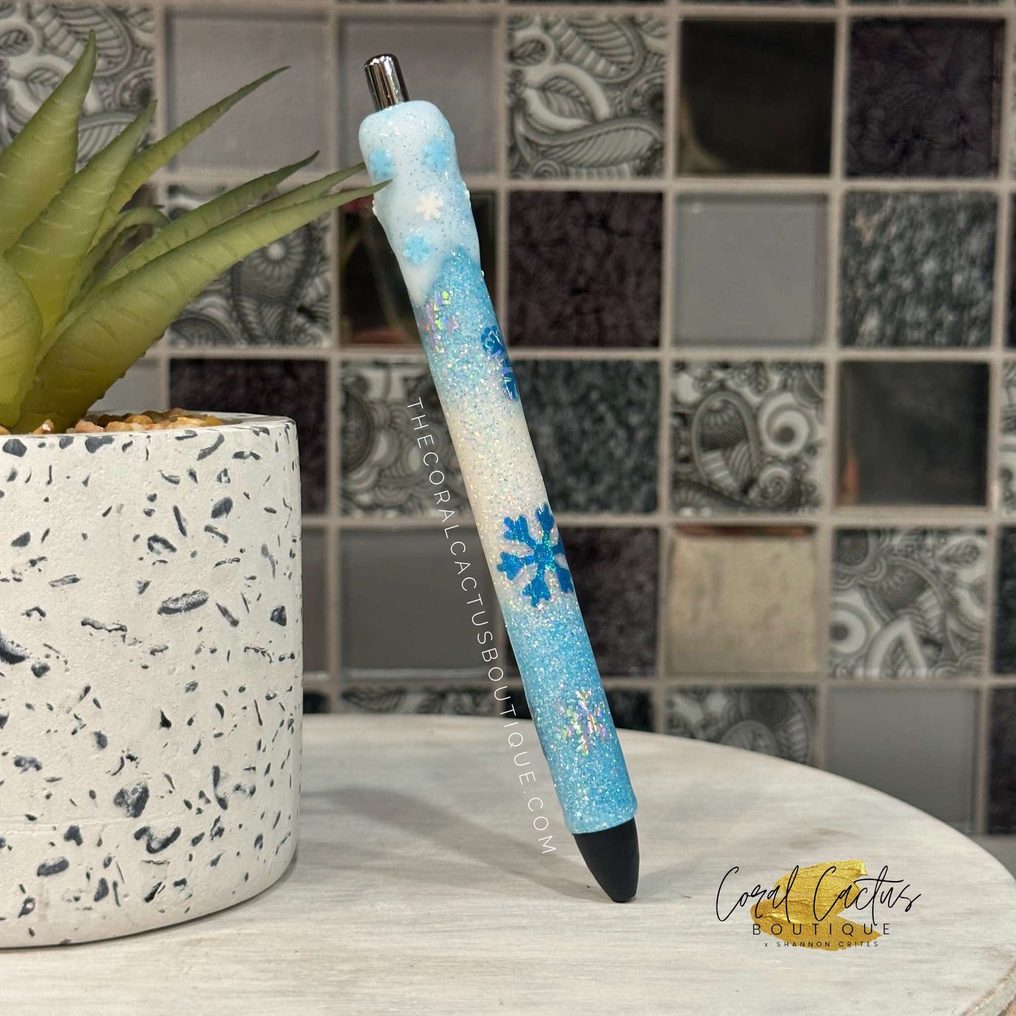 Custom Pen - Blue & White Snowflake Drip