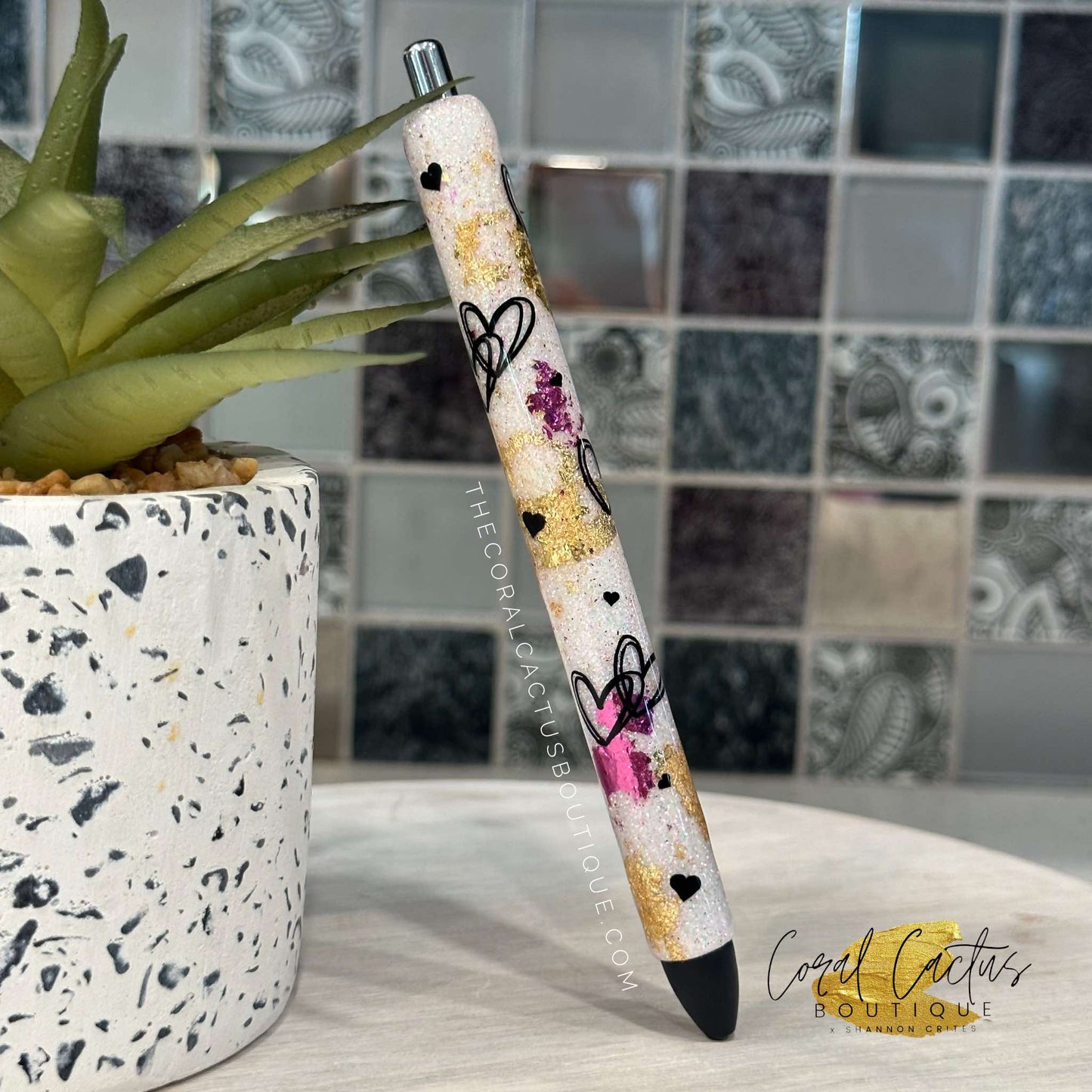 Custom Pen - Love Hearts White with Foil