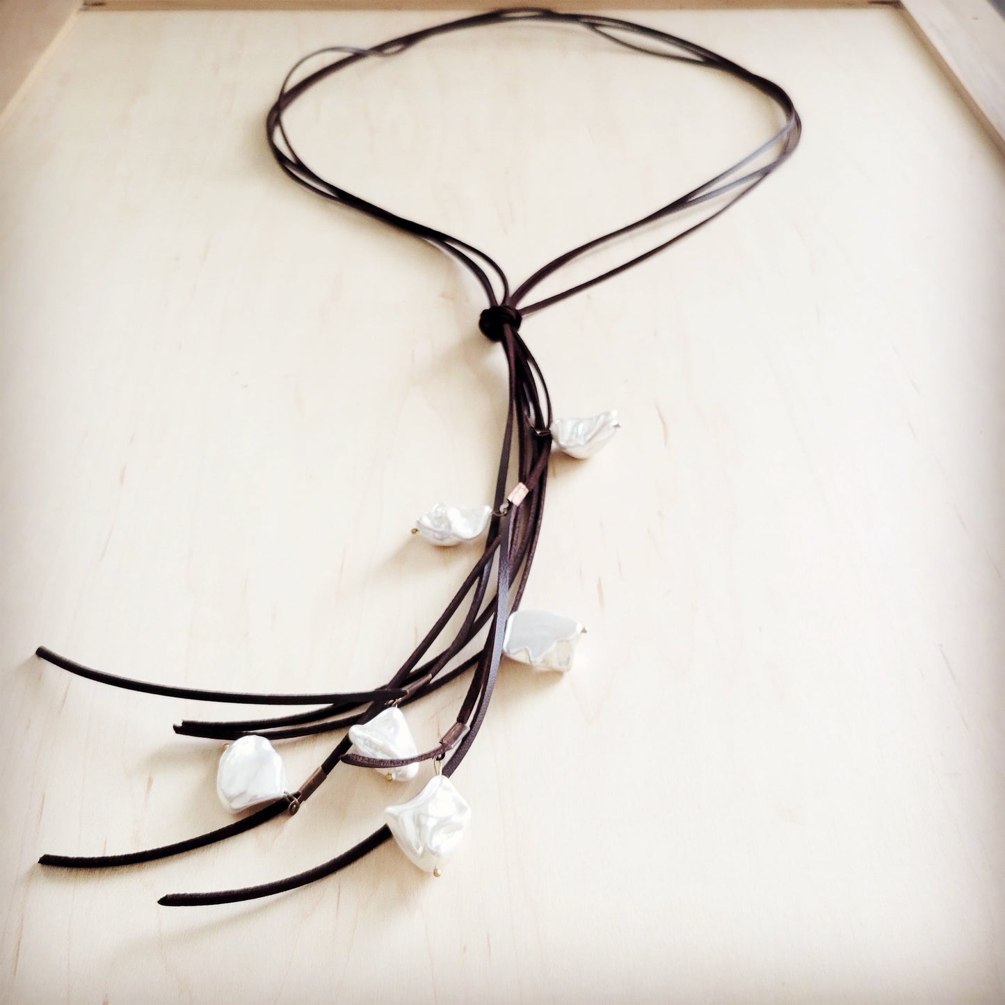 Dark Brown Boho Knotted Leather Cord Necklace w/ Pearls 263w
