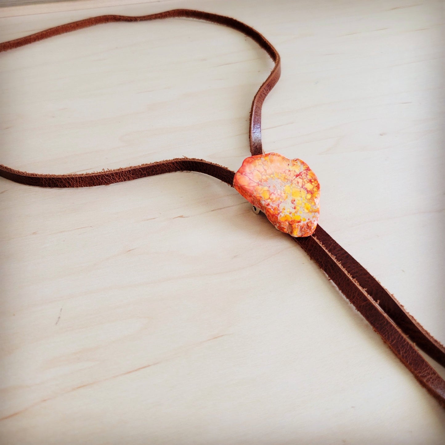 Leather Lariat Boho Necklace w/ Orange Regalite Slab Accent 264g