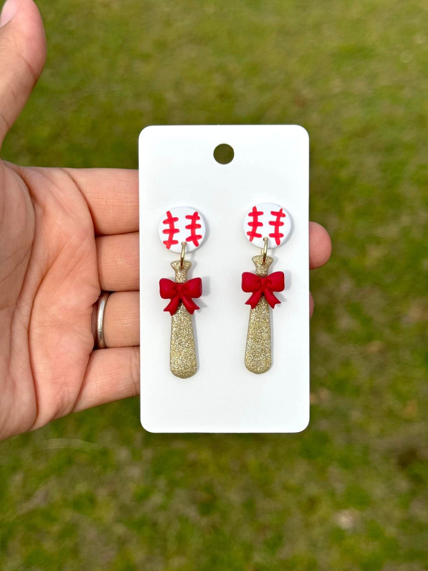 Baseball Bow Dangle Clay Handmade Earrings