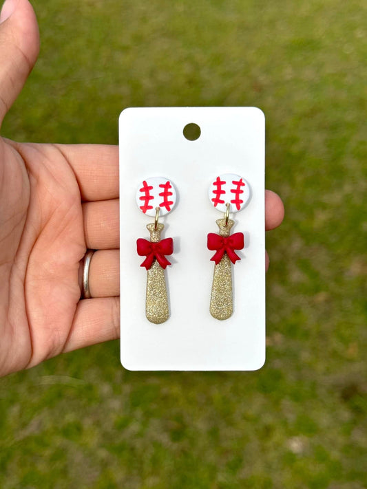 Baseball Bow Dangle Clay Handmade Earrings