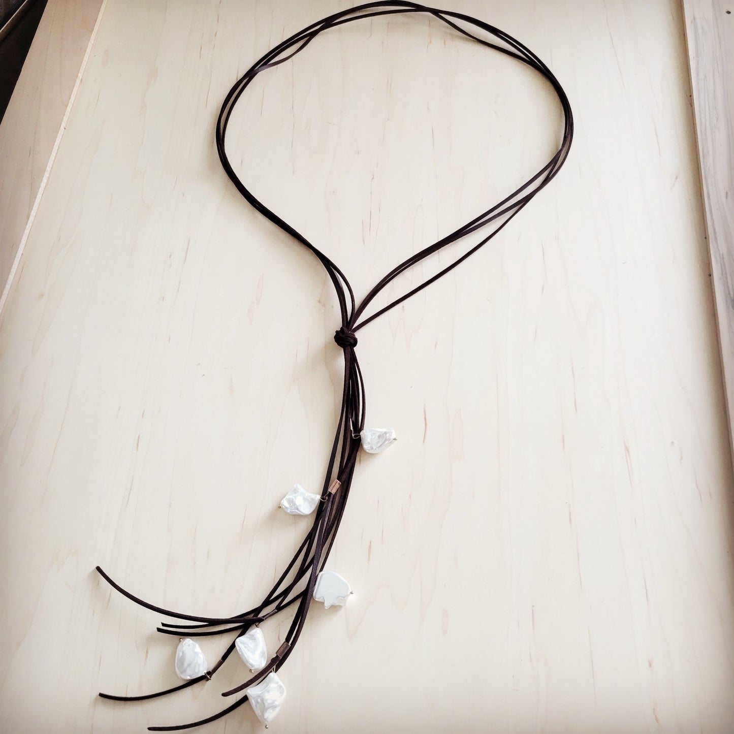 Dark Brown Boho Knotted Leather Cord Necklace w/ Pearls 263w